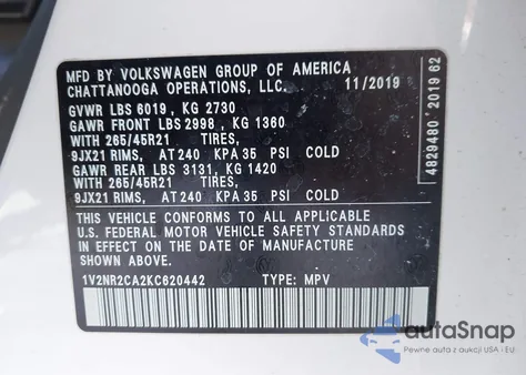 2019 Volkswagen Atlas 3.6L V6 Sel Premium from USA, damaged, VIN 1V2NR2CA2KC620442